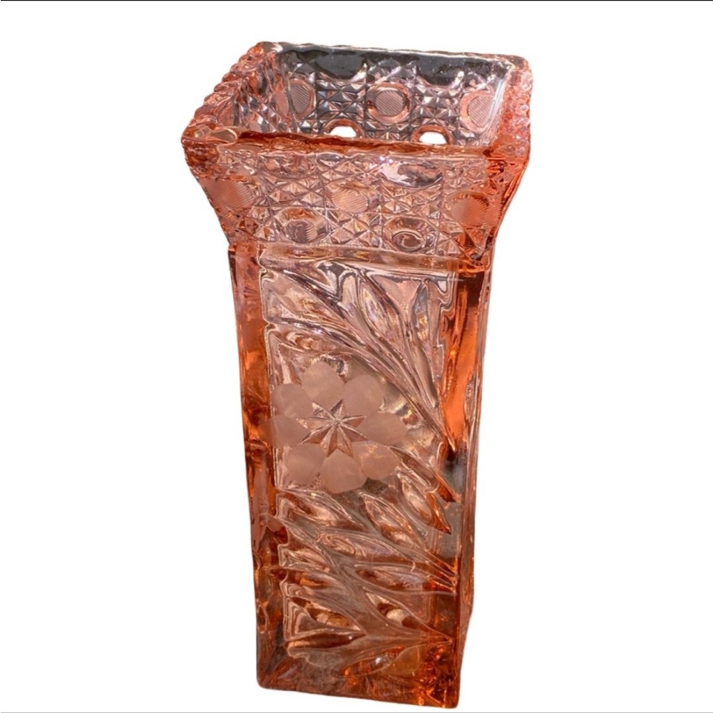 Rare 1930s McKee Pink Floral Pressed Cut Glass Square Tall Vase Vtg Home Decor